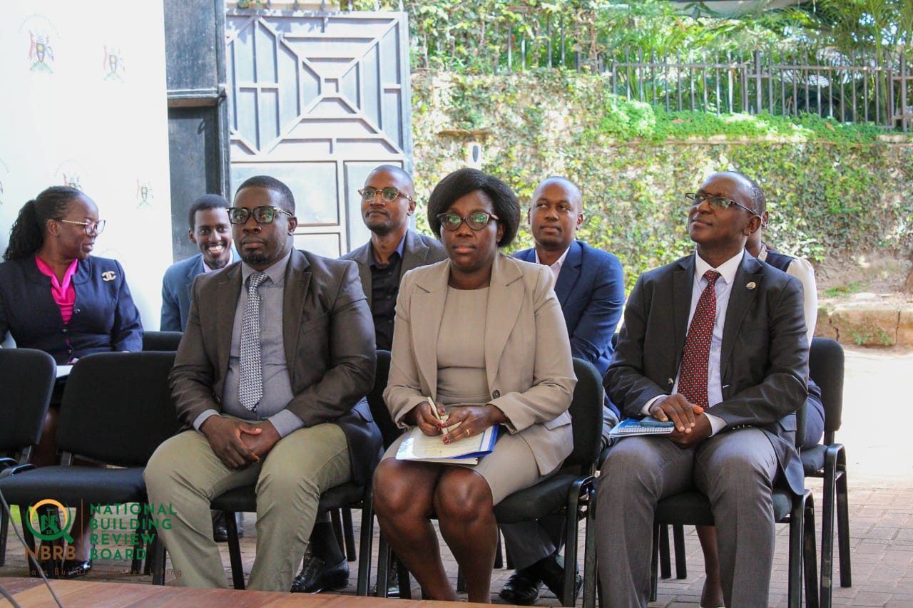 Members of the NBRB senior management team, together with the Executive Secretary, Eng. Falvia G. Bwire (Front row, 2nd Right) during a press briefing at the Uganda Media Centre in Kampala